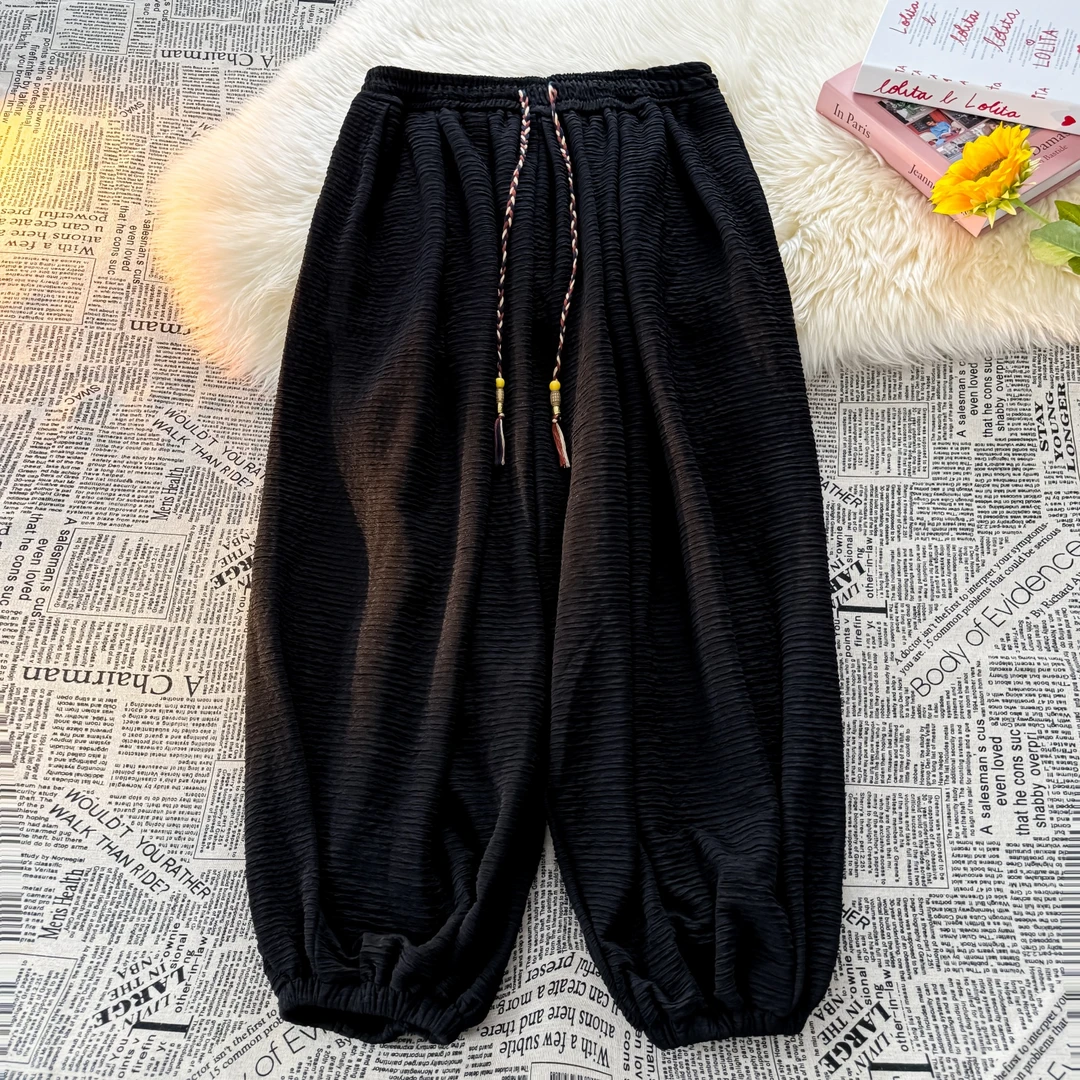 暗黑系冰丝裤男肌理感设计灯笼裤夏季新中式加大码宽松阔腿哈伦裤