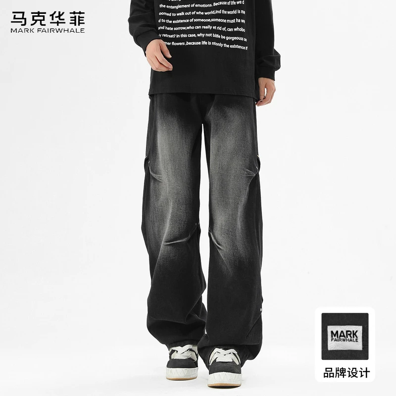 马克华菲秋季男士牛仔裤潮流新款做旧美式宽松百搭复古休闲长裤