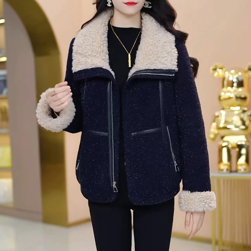 2025藏青羊羔毛领机车棉衣亮丝面料双拉链口袋秋冬酷飒保暖洋气