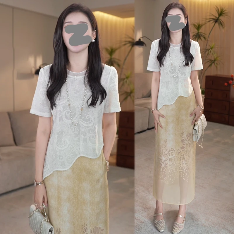 设计感勾花冰丝短袖t恤高腰半身裙套装女2025夏季新款时尚两件套
