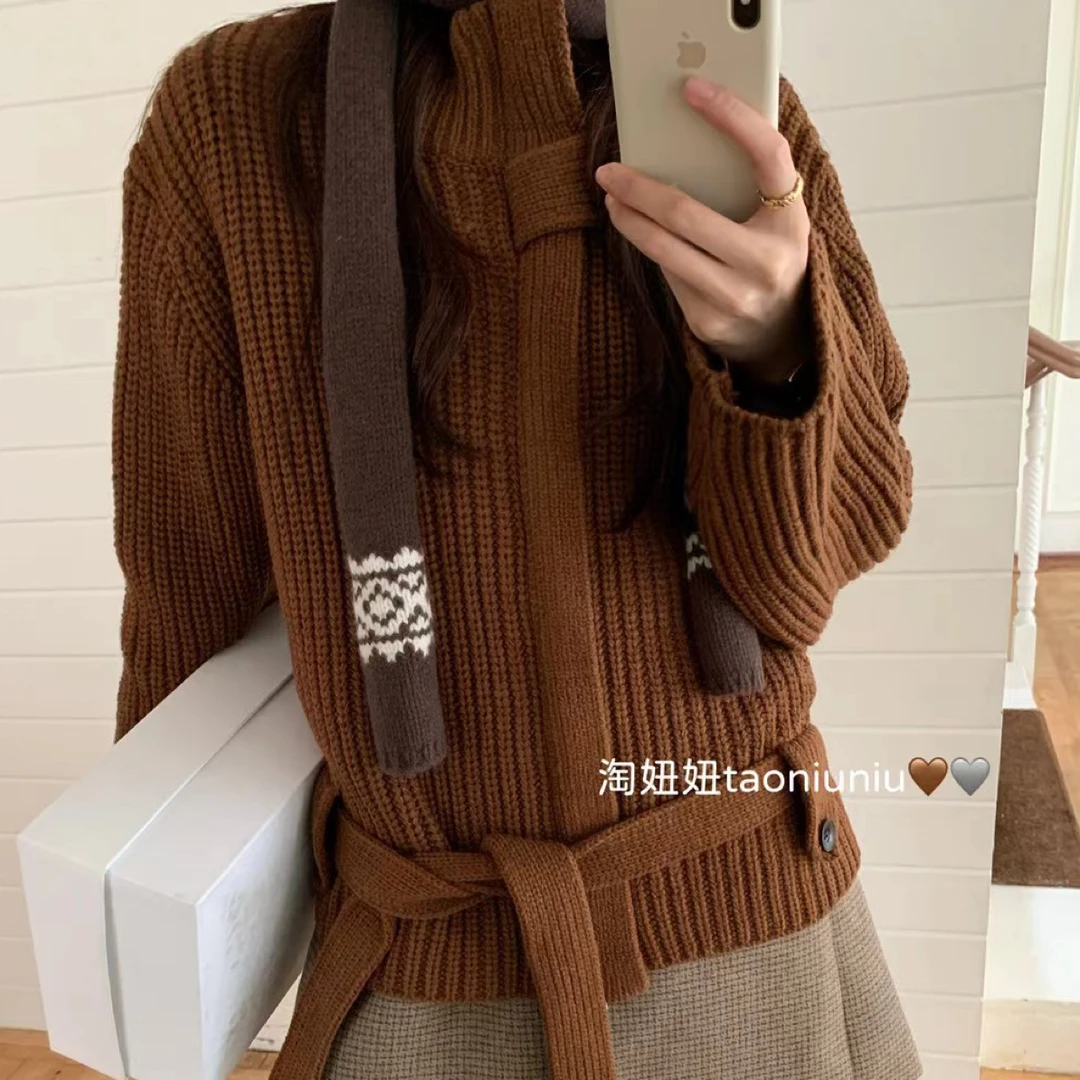 【HDL】2025秋季新款韩版立领系带收腰羊绒针织衫女设计感高级洋气