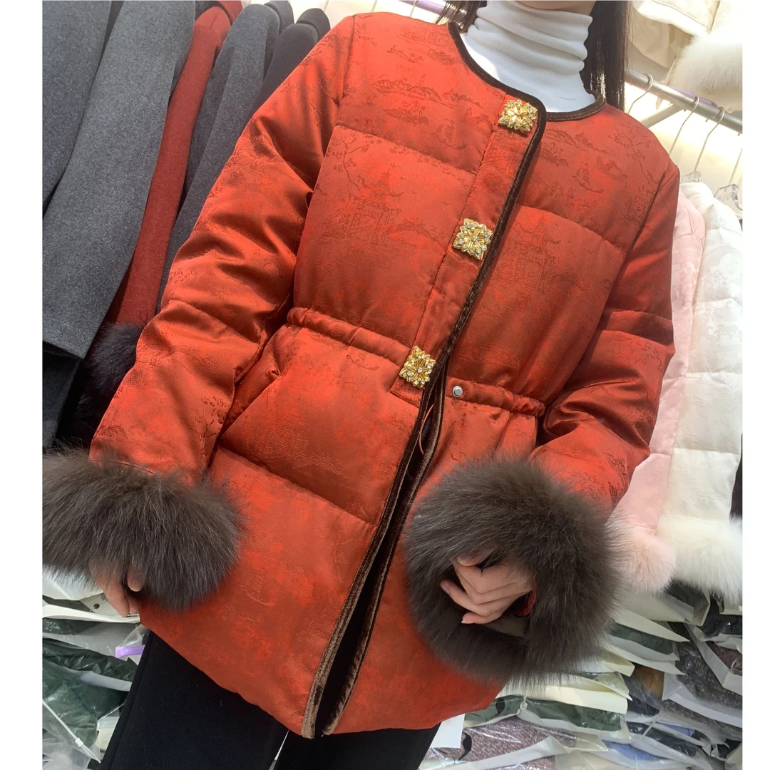 99110气质狐狸毛袖口羽绒服冬季国风唐装中式