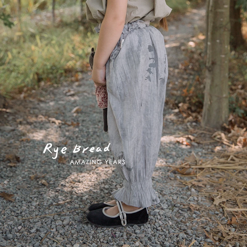 ryebread/黑面包童装 复古印花女小童花苞束脚防蚊休闲裤4夏