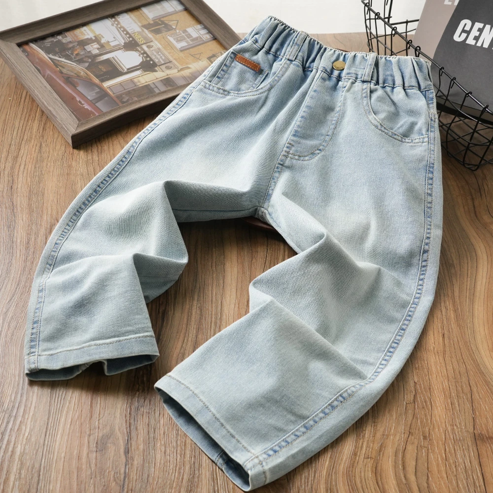 百搭儿童夏季字母双口袋皮标牛仔裤中大童男童阔腿裤子S979