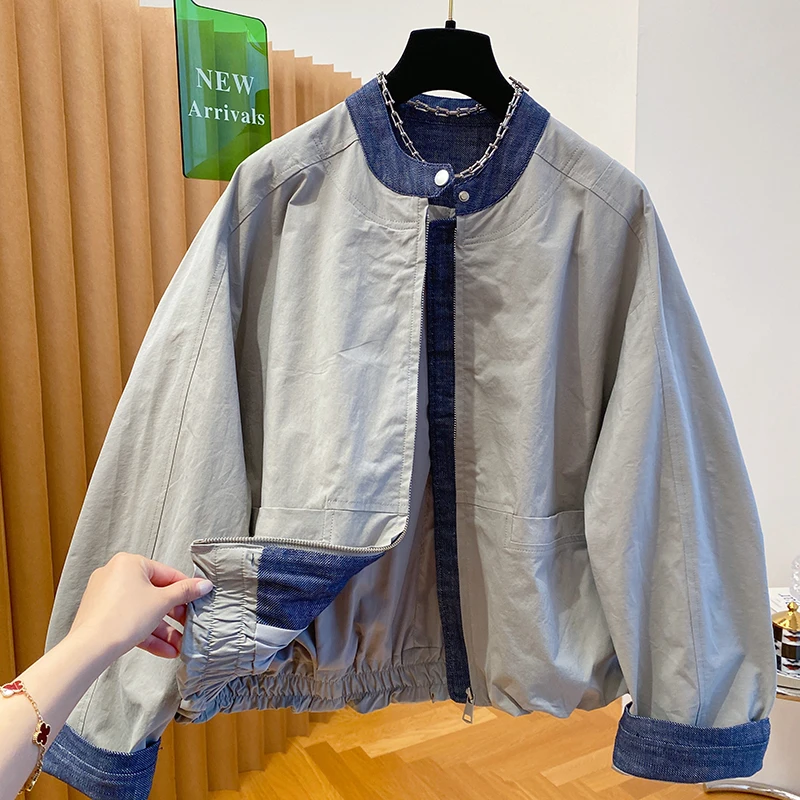 韩国设计感拼接外套外套女款爆款2025新款宽松立领夹克棒球服上衣