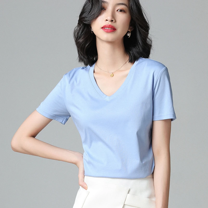 高级感丝光棉短袖女V领显瘦宽松白色纯棉T恤纯棉夏季百搭半袖上衣