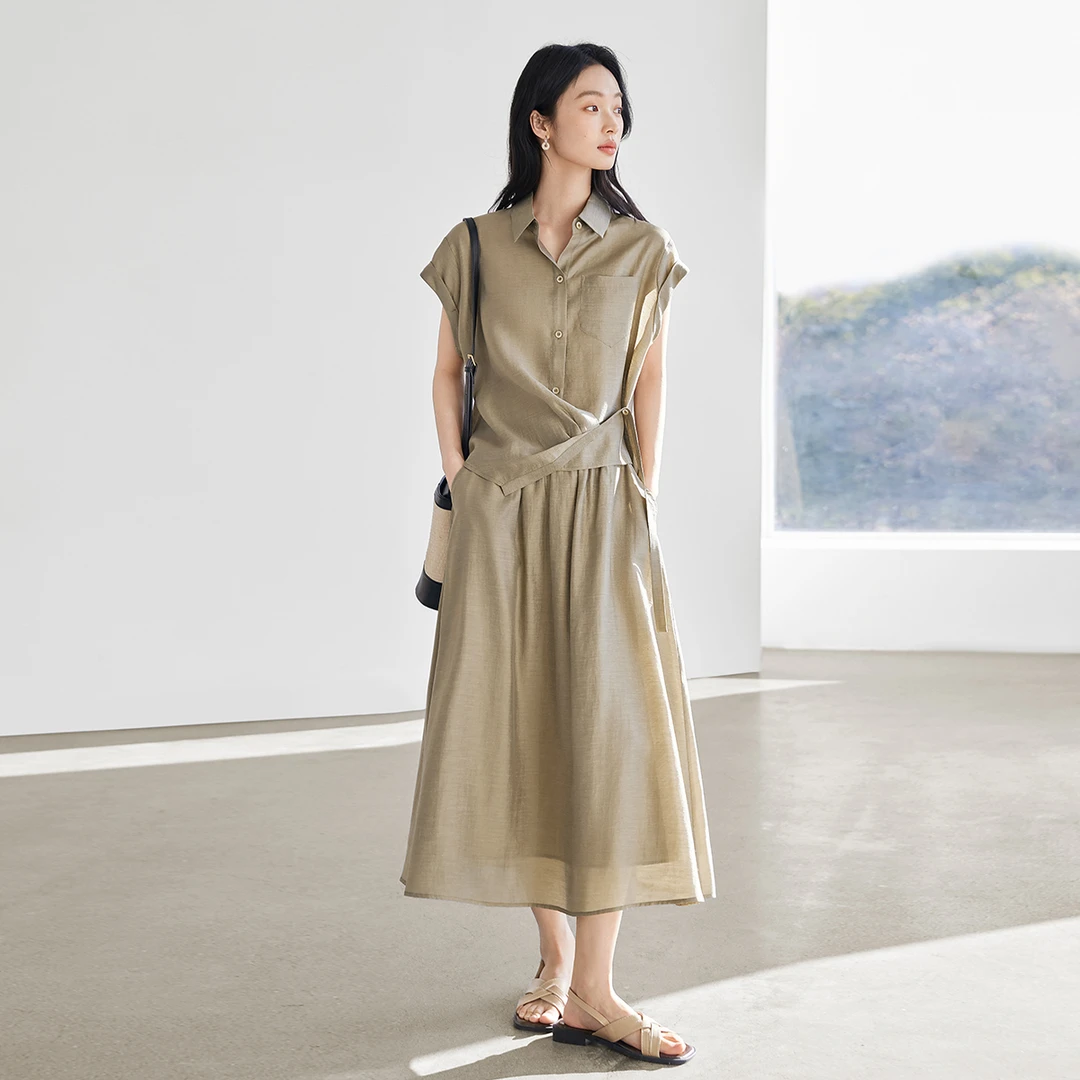 莱赛尔亚麻轻盈衬衫套装裙女2025夏新款半身裙气质休闲两件套