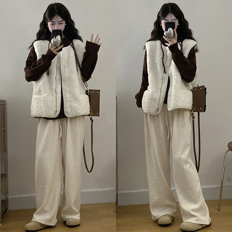 大码胖mm秋冬新款韩版时尚洋气复古马甲韩系裤子毛衣三件套装女