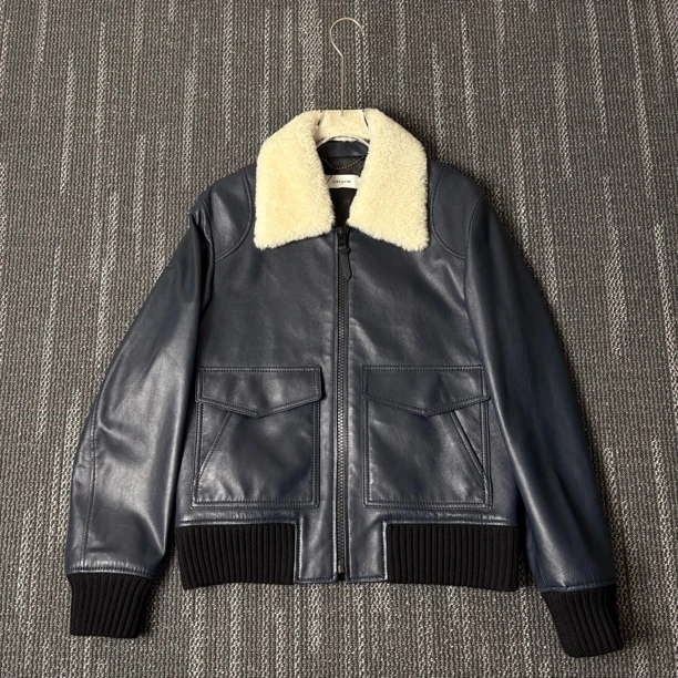 99新 COACH/蔻驰 纯色翻领拉链皮衣外套/46码