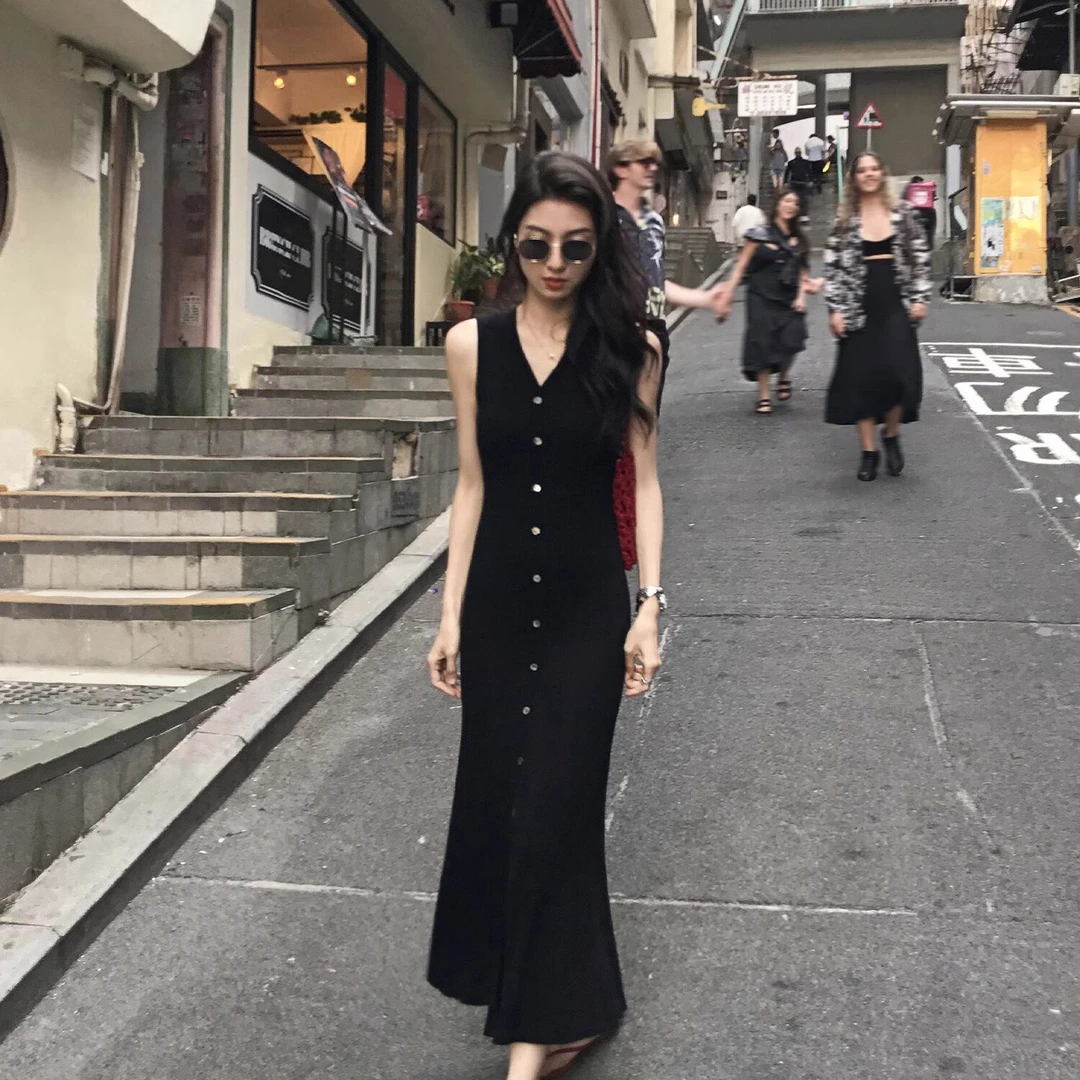 夏季软糯冰丝修身收腰长款背心包臀裙气质V领无袖连衣裙66128#qc