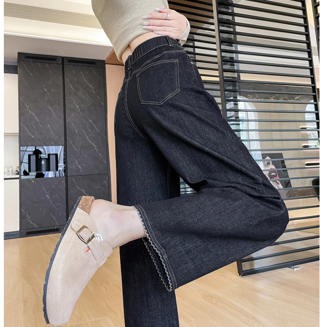花边阔腿牛仔裤女春秋2025新款高腰宽松小个子显瘦百搭窄版直筒裤