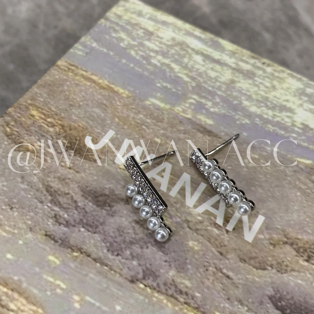 铜合金锆石耳饰 米珠平衡木.双排闪钻小米珠百搭耳钉01ED2707SM