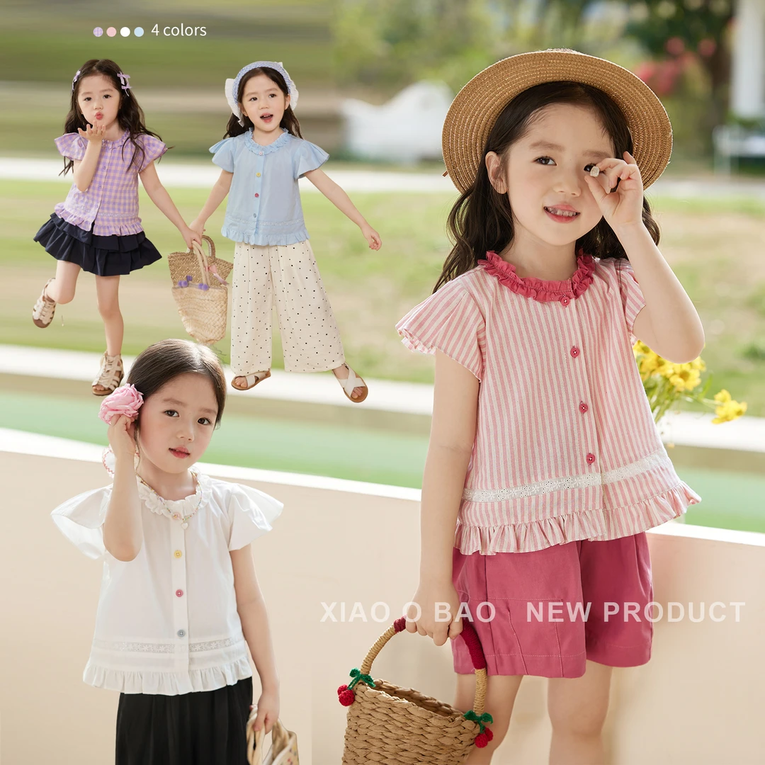 小O宝Okids童装 宝宝娃衫格子荷叶边2025夏新款女童衬衣 OS534105