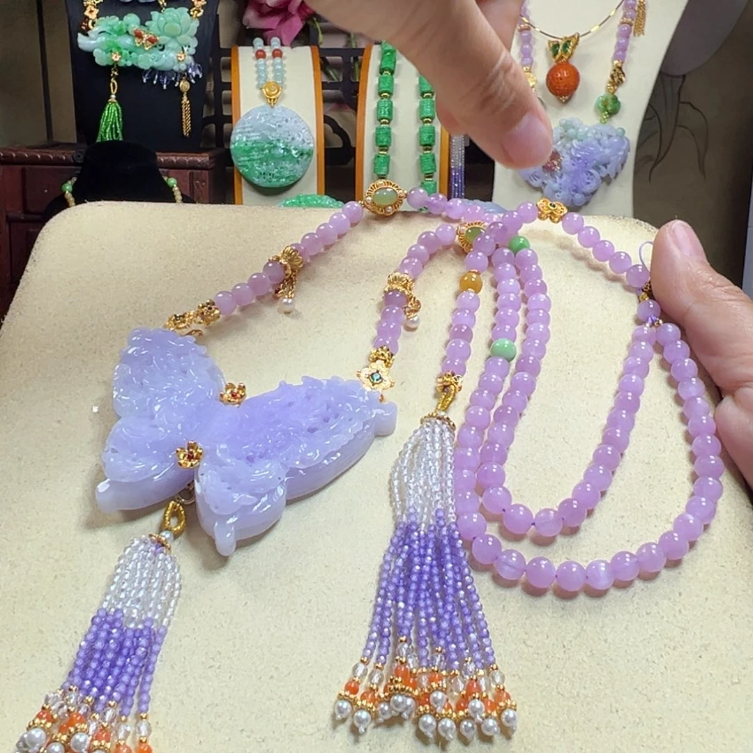 翡翠未镶嵌毛衣链冰紫蝴蝶冰紫蝴蝶