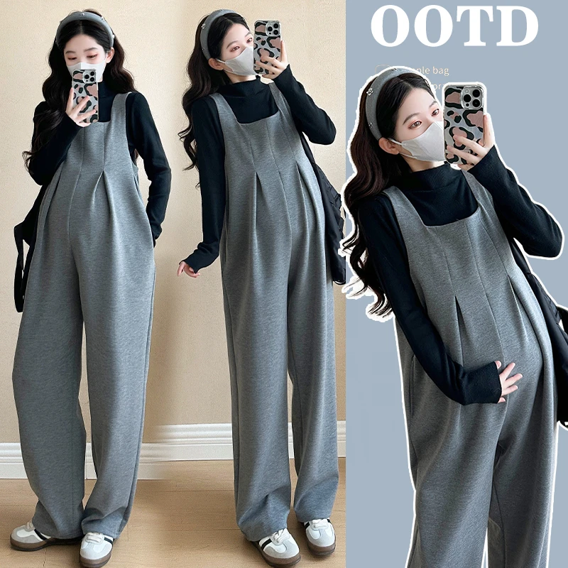 时髦孕妇背带裤春季时尚套装2025新款休闲小个子打底上衣阔腿长裤