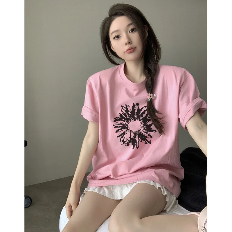 纯棉220克别致小众粉色短袖T恤女洋气慵懒风宽松上衣气质圆领半袖
