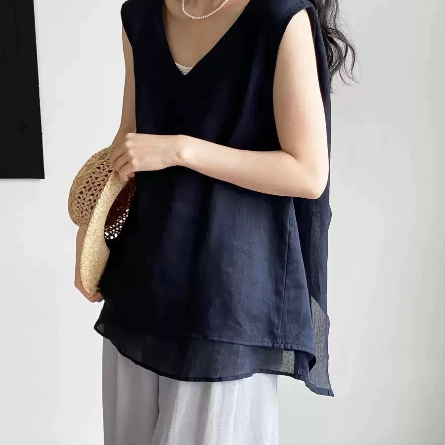 十三行苎麻超有层次～扭结V领韩系别致无袖小衫6111