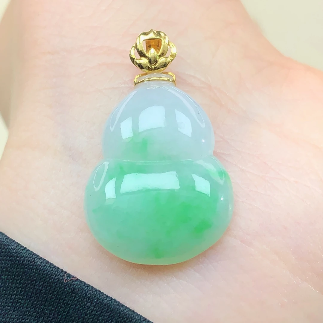 18k金镶嵌缅甸天然a货翡翠珠宝玉石精致阳绿葫芦小吊坠女直播95