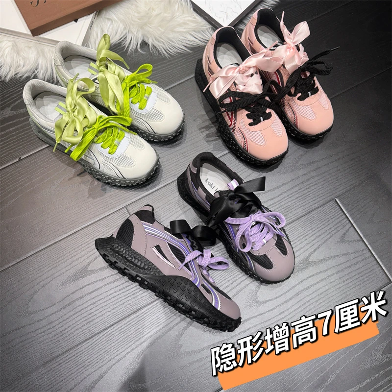 【内增高7CM】2025真皮女新款增高7CM潮流透气网面阿甘德训鞋