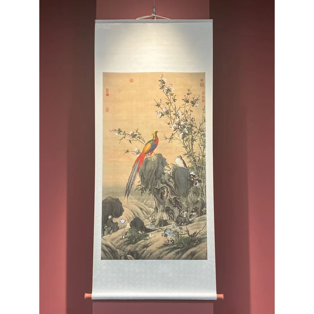 扶摇【锦春图】清代郎世宁 立轴装裱郎世宁名家名画复刻古画 170*75