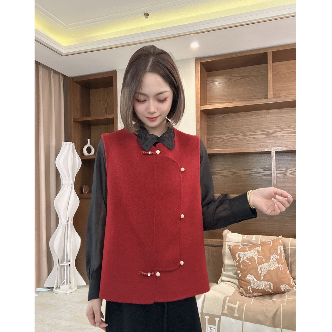 国风盘扣长款羊毛马甲大衣女双面毛呢外套气质