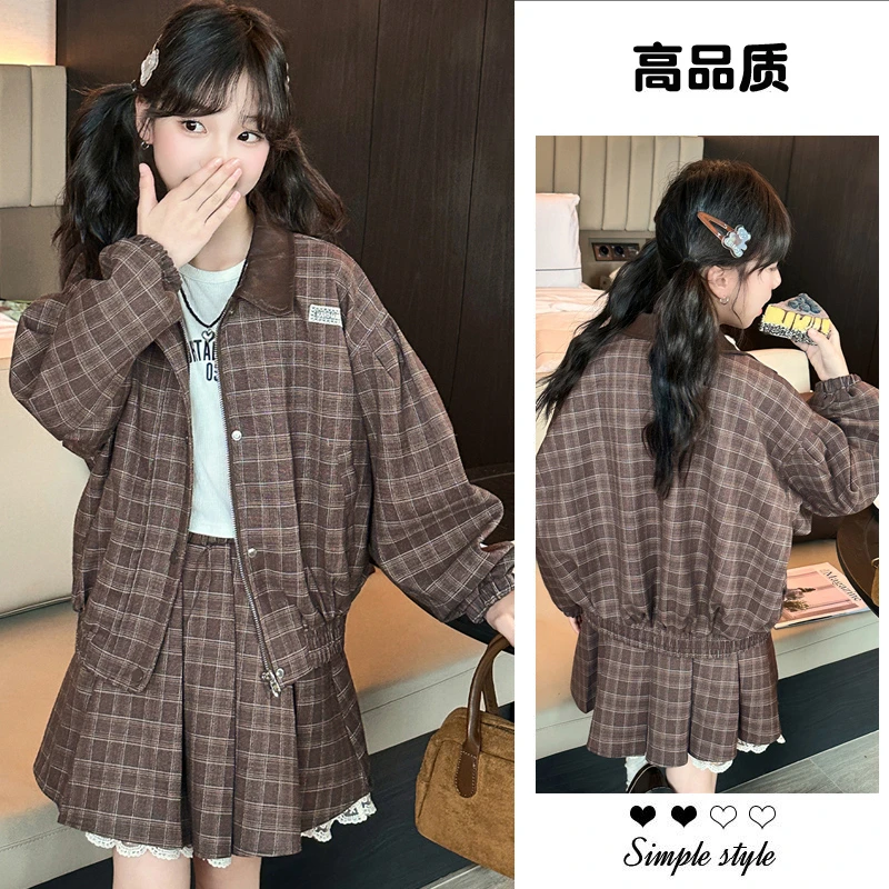 女童外套套装春秋长袖英伦风西装时尚复古格子套裙秋装6-12岁潮款