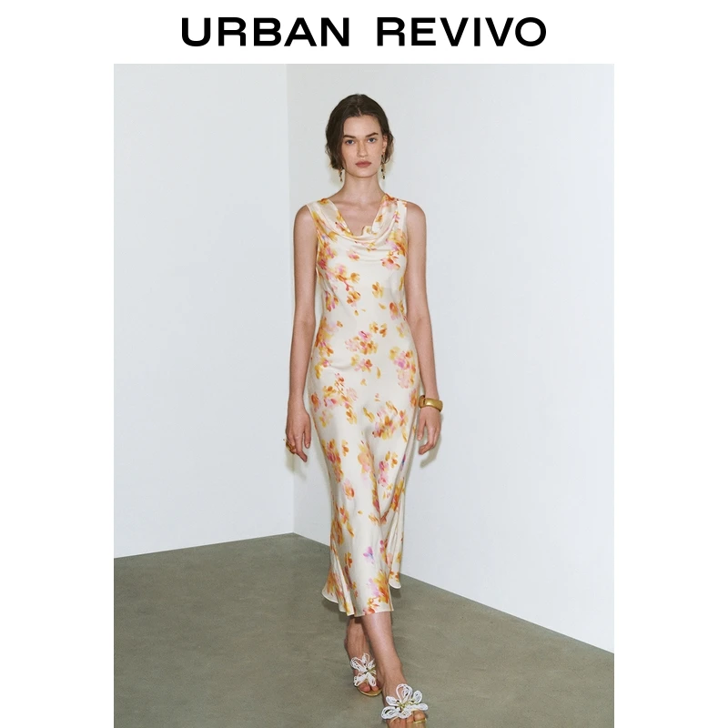 UR2025夏季新款女装度假风碎花图案荡领无袖连衣裙UWG750069