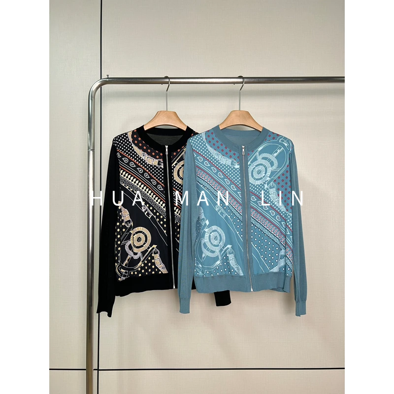 【花滿林】两色圆领撞料拼接拉链真丝桑蚕丝夹克上衣24256