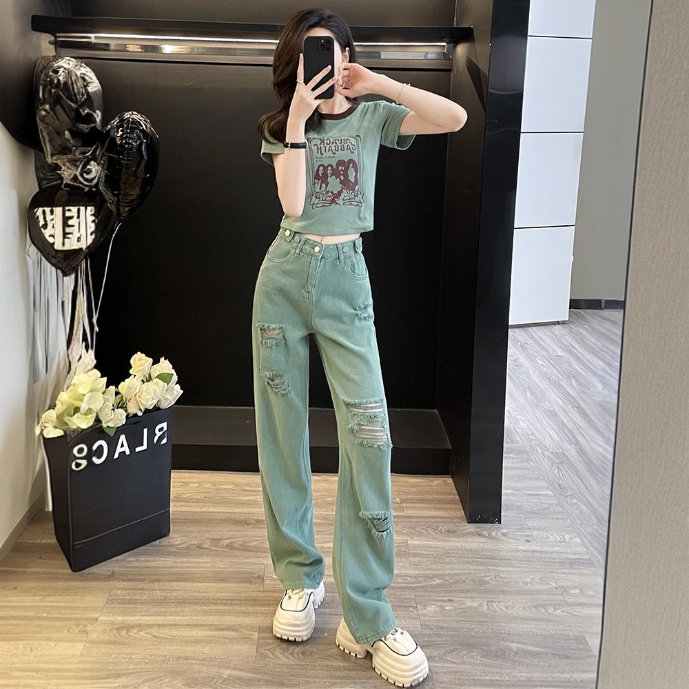时尚炸街休闲运动套装女夏季洋气百搭印花上衣破洞牛仔裤两件套