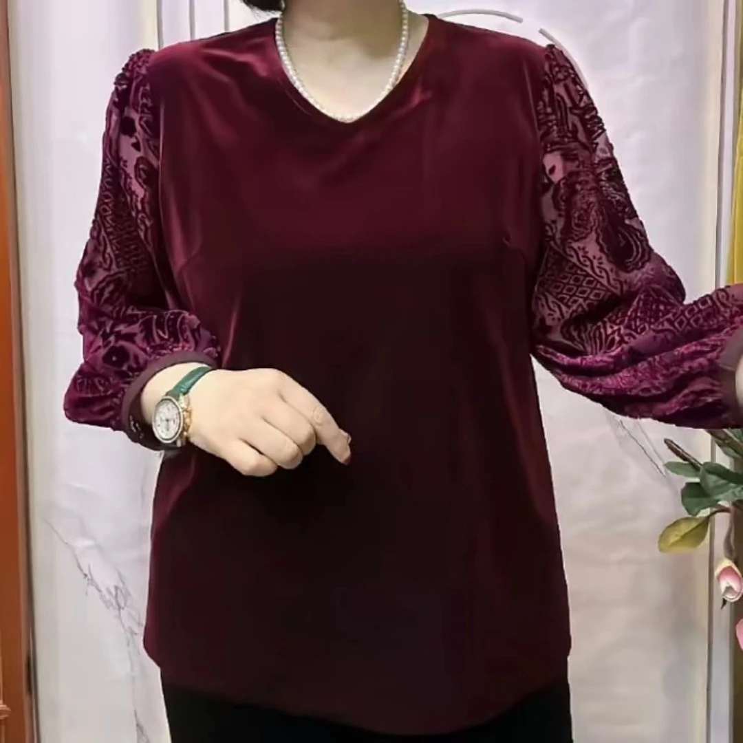 春季丝绒妈妈装上衣V领长袖宽松显瘦气质时尚百搭小衫