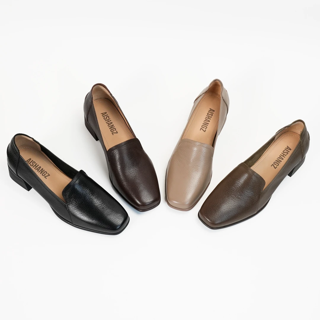 3厘米跟高春季新款单鞋舒适时尚休闲女士真皮粗跟方头浅口