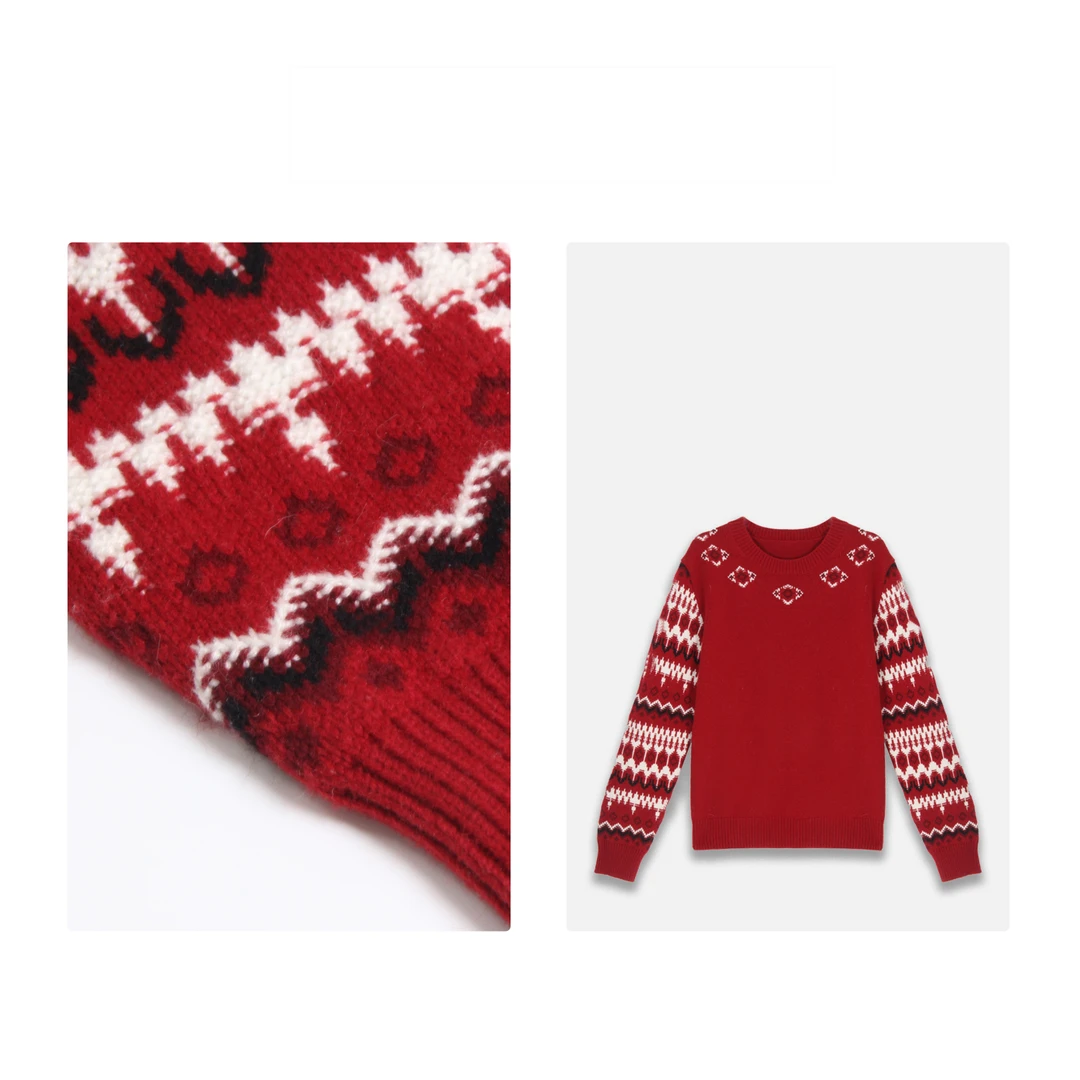 凯特丝蓓1212#秋冬新款复古老钱风提花针织撞色条纹套头毛衣圣诞