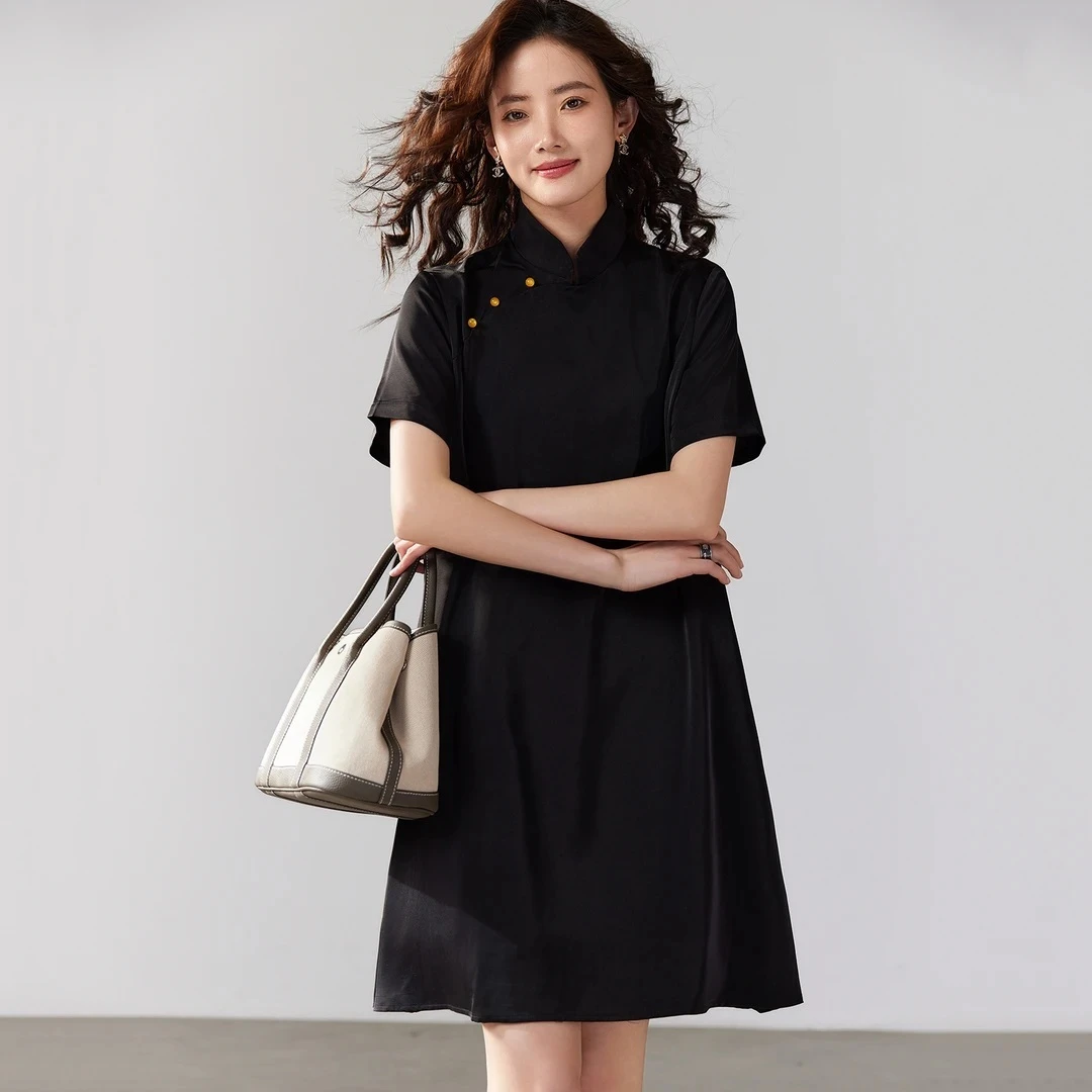 黑色新中式宽松连衣裙女夏季2025年新款欧货宽时尚气质显瘦a字裙