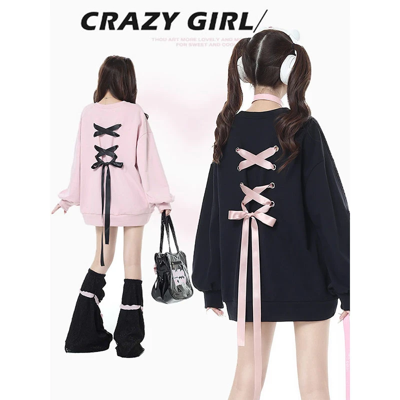 蝴蝶结绑带圆领卫衣女春秋季韩系穿搭小众设计感宽松百搭长袖上衣