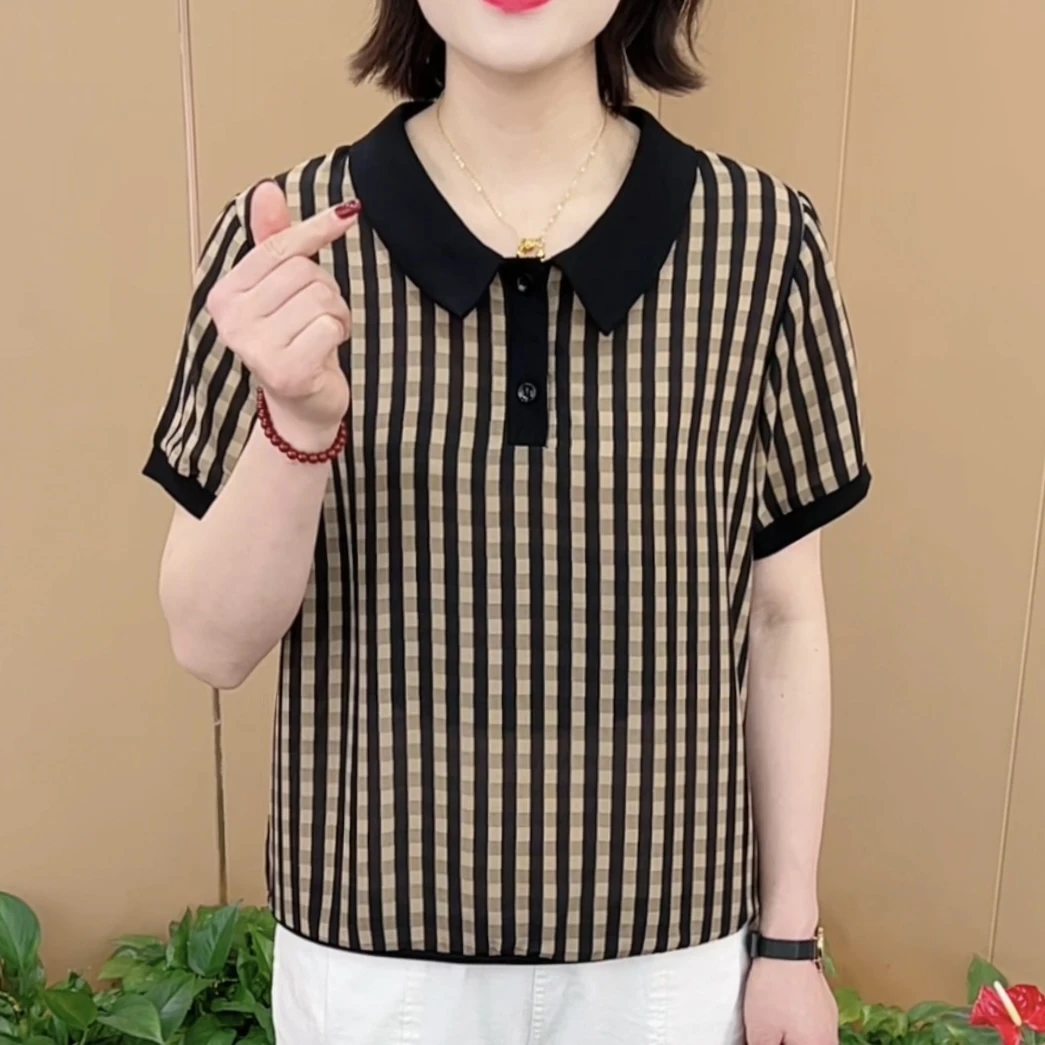 夏季新款时尚翻领格子气质妈妈装宽松休闲遮肚显瘦短袖上衣K2585