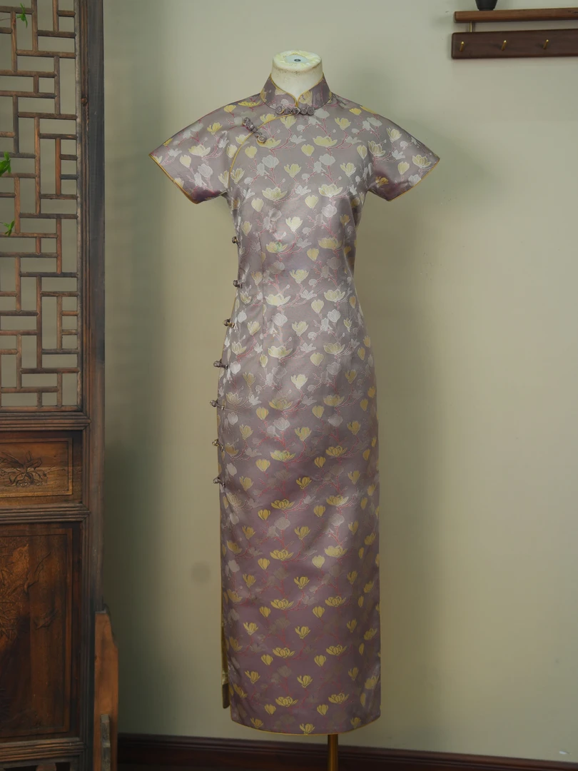 【玉兰花】新款宋锦气质优雅线香绲连肩三分袖旗袍