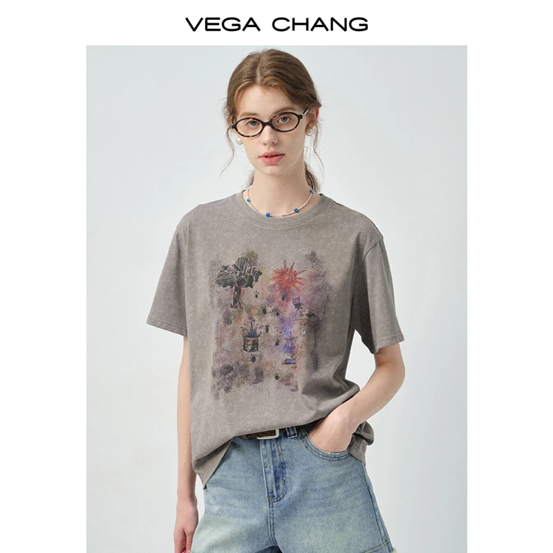 VEGA CHANG短袖女t恤2025新款夏季复古印花圆领宽松上衣0606LW