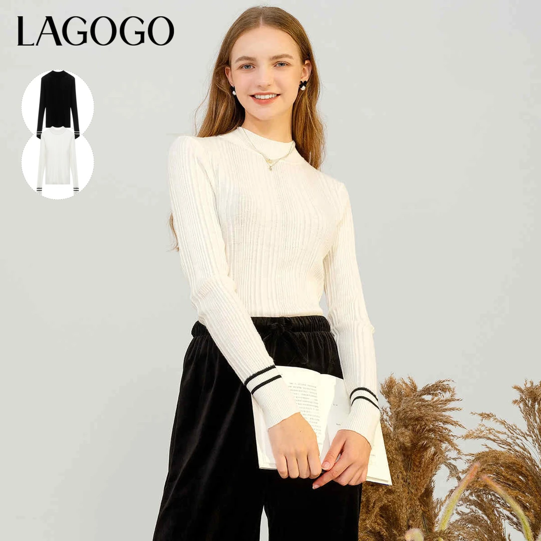 lagogo拉谷谷2023年新款竖条纹肌理撞色舒适针织衫女MCMM419C28
