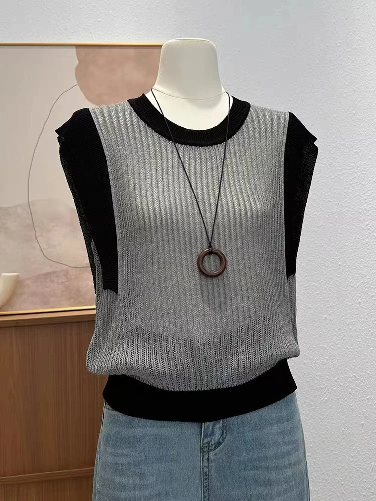 夏季灰色新款冰感潮流时尚撞色短款小飞袖针织衫