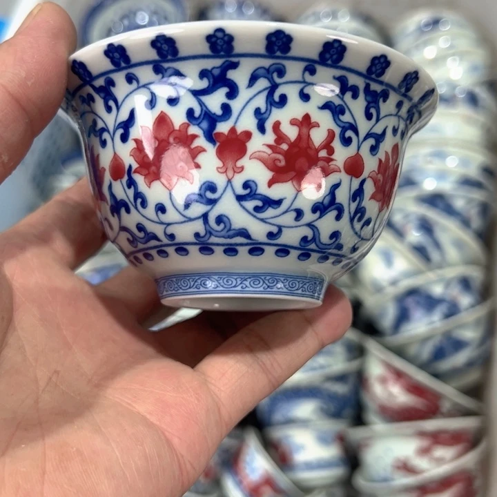瓷片白青花釉里红缠枝莲压手杯全品