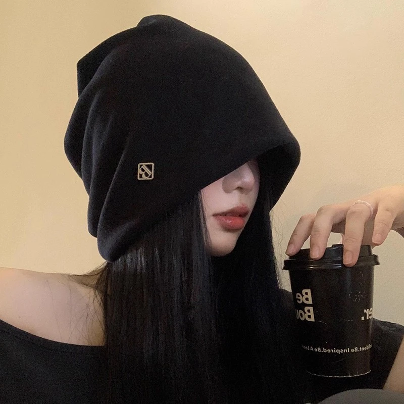 金属字母小标黑色堆堆帽女秋冬百搭大头围冷帽显脸小套头包头帽子