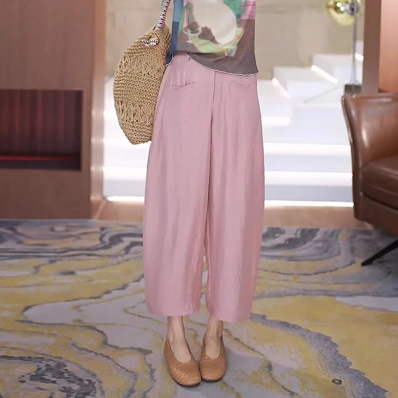 粉色天丝醋酸九分裤女夏季薄款2025新款大码高腰显瘦冰丝直筒裤子