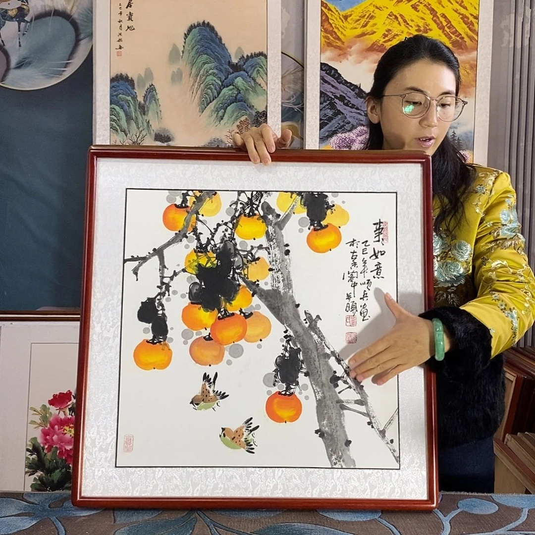 国画手写手绘国画作品带框包邮62✖️62