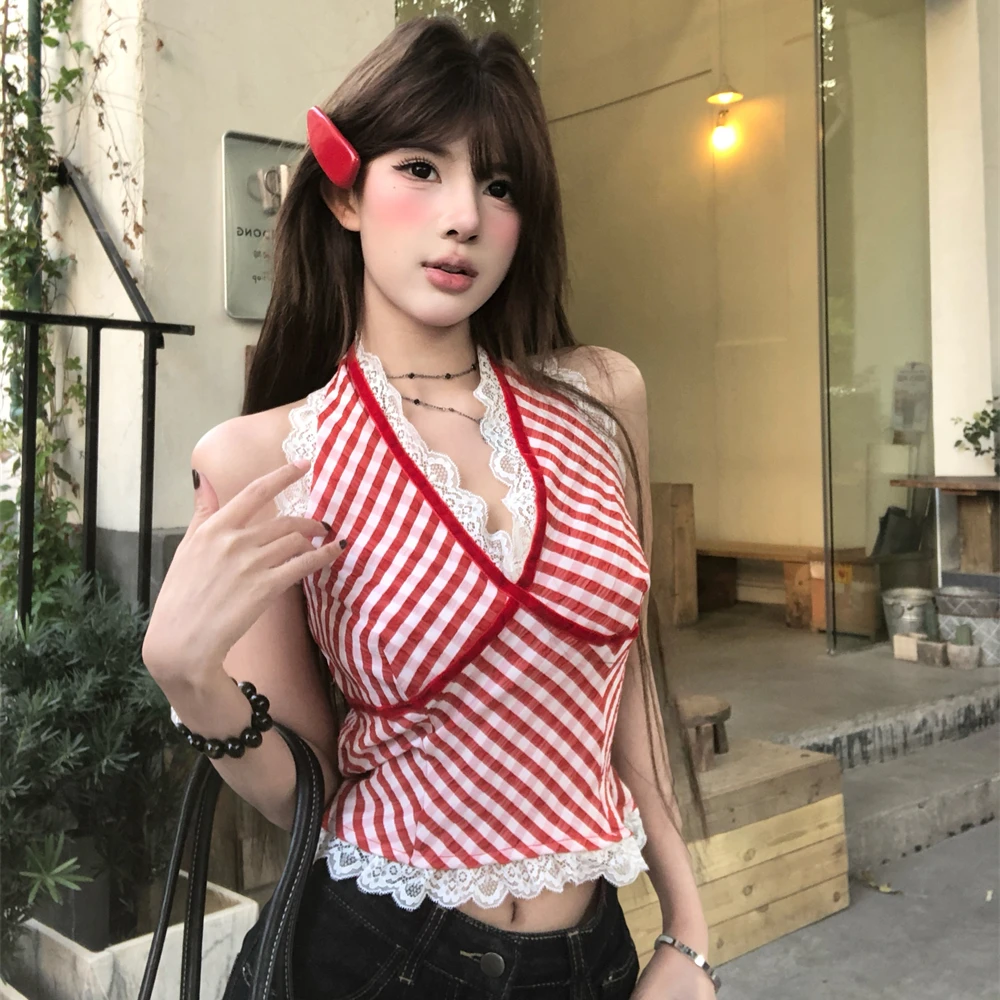 红色格子背心吊带女夏季新款拼接蕾丝花边挂脖修身显瘦辣妹风上衣