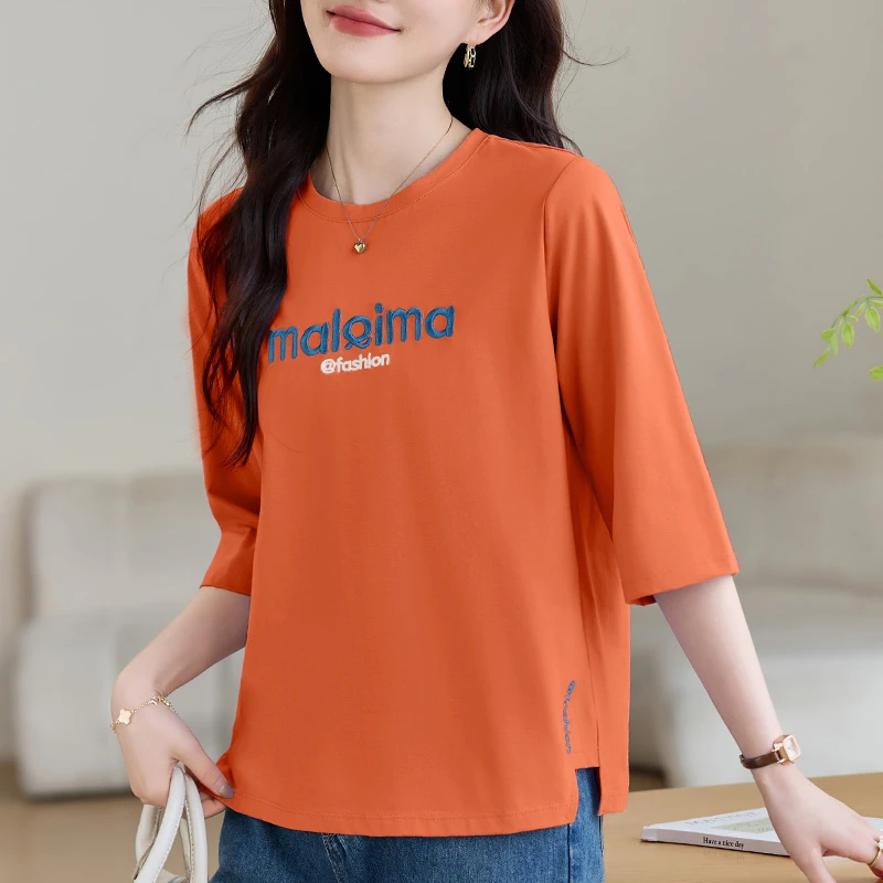 七分袖t恤女士中袖上衣2025新款夏季宽松半袖春季洋气高档体恤衫