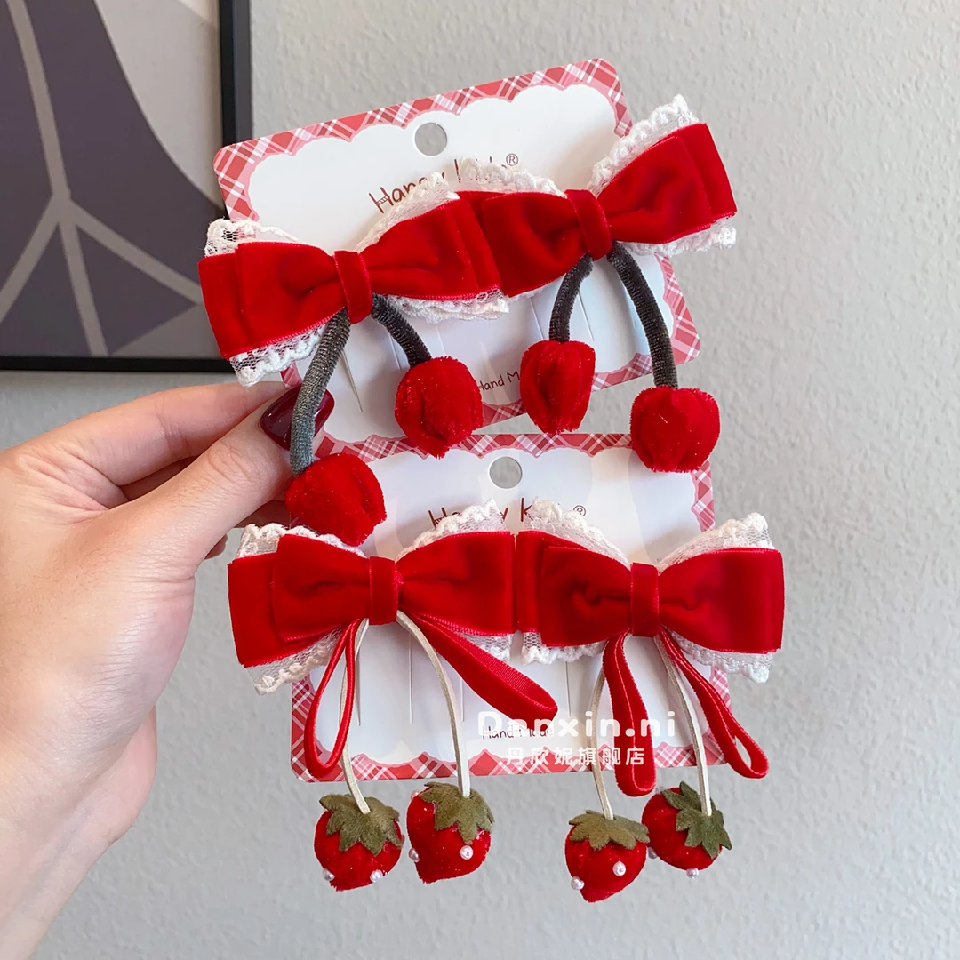 儿童红色植绒蝴蝶结发夹女孩洋气草莓流苏对夹发卡公主侧边夹发饰