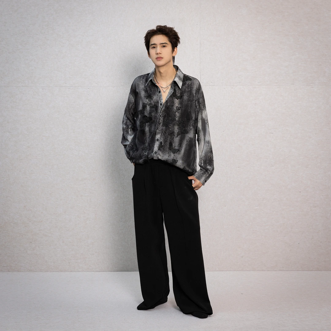 聪明陈聪明陈【雾南山蝶】立体蝴蝶扎染网纱双层长袖衬衫男暗黑风