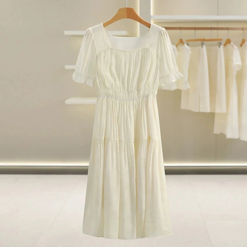 [H1313卡其白连衣裙]夏季纯色女士时尚气约潮拼接裙子春秋