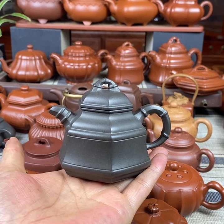 紫砂茶壶六方竹鼎160cc原矿古天青紫砂特价