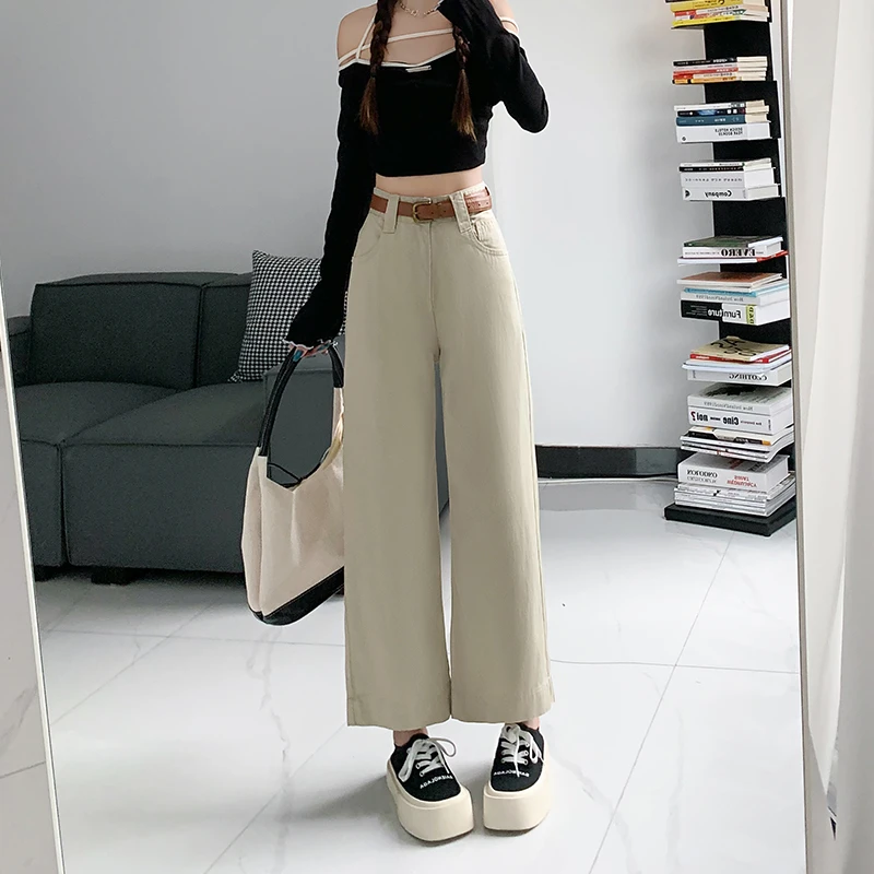 时尚奶咖色阔腿牛仔裤女春季2025年新款百搭小个子宽松九分直筒裤